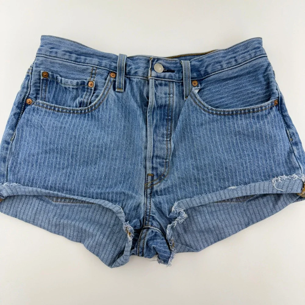 Levi's 501 Pinstripe Denim Shorts Women's W30 High Rise Cutoff Button Fly